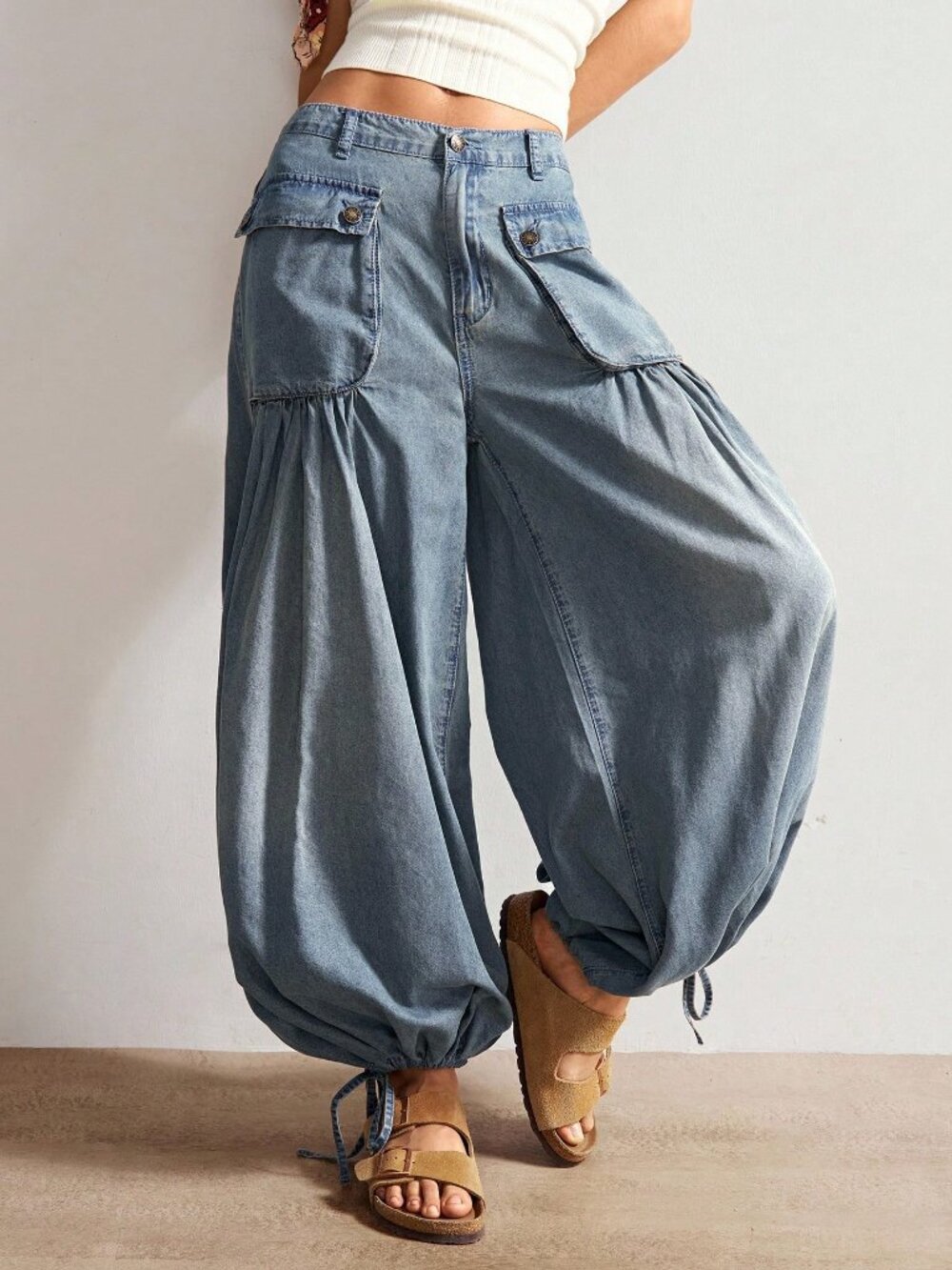 Blue Casual Bohemian Women's Denim Woven Long Jeans with Drawstring